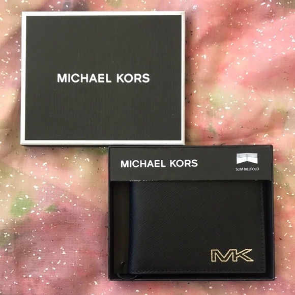 Brand New Michael Kors Genuine Leather Black Slim Billfold Wallet w/ Silver Logo - Picture 1 of 15